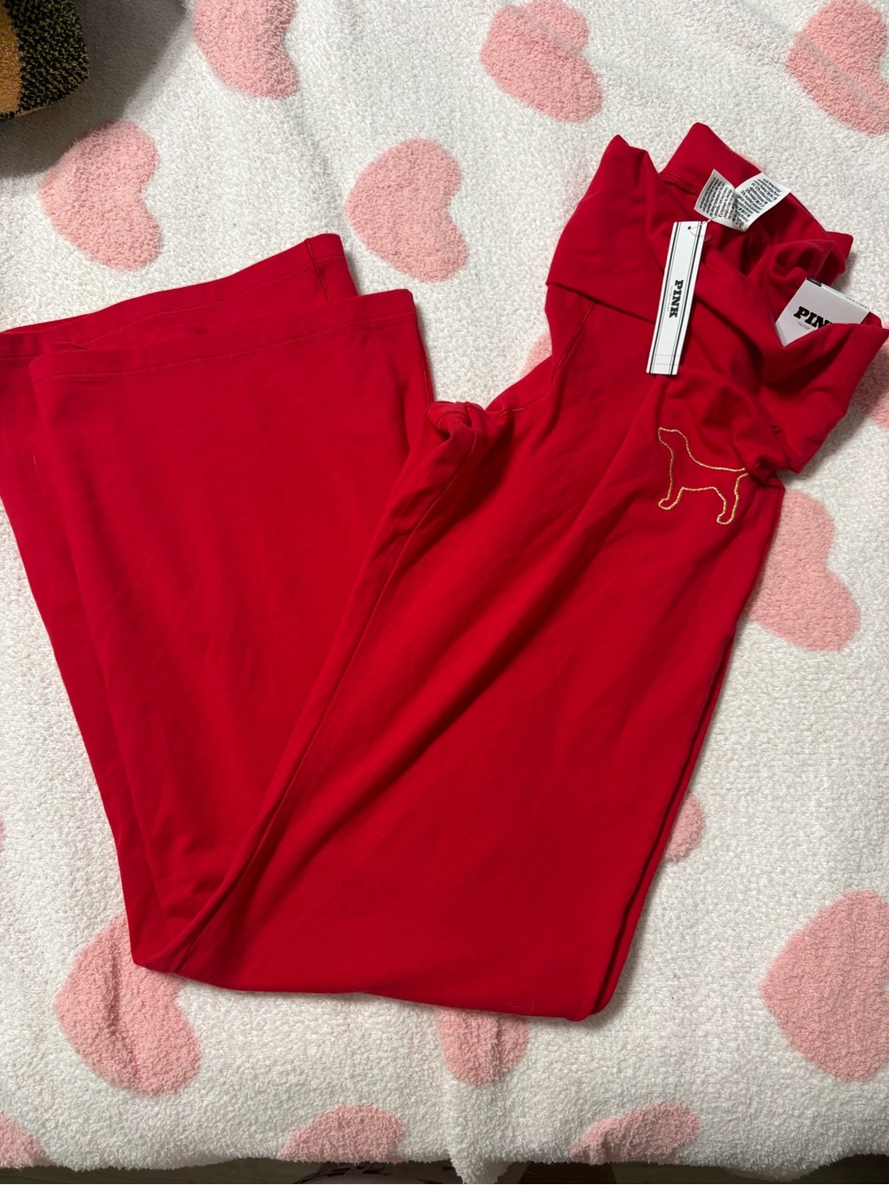PINK Victoria's Secret Red Leggings with Gold Embroidered Logo